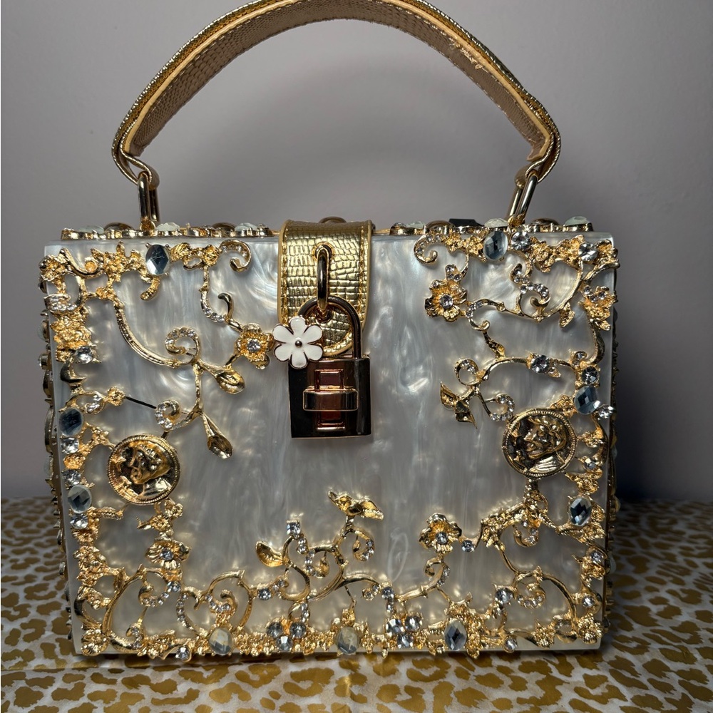 Pearlescent  Baroque Gold-Trim Box Handbag